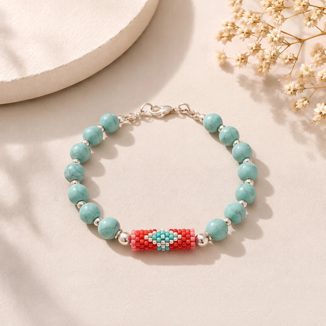 Turkuaz Doğal Taş Görünümlü Boncuklu Miyuki Detaylı Bileklik