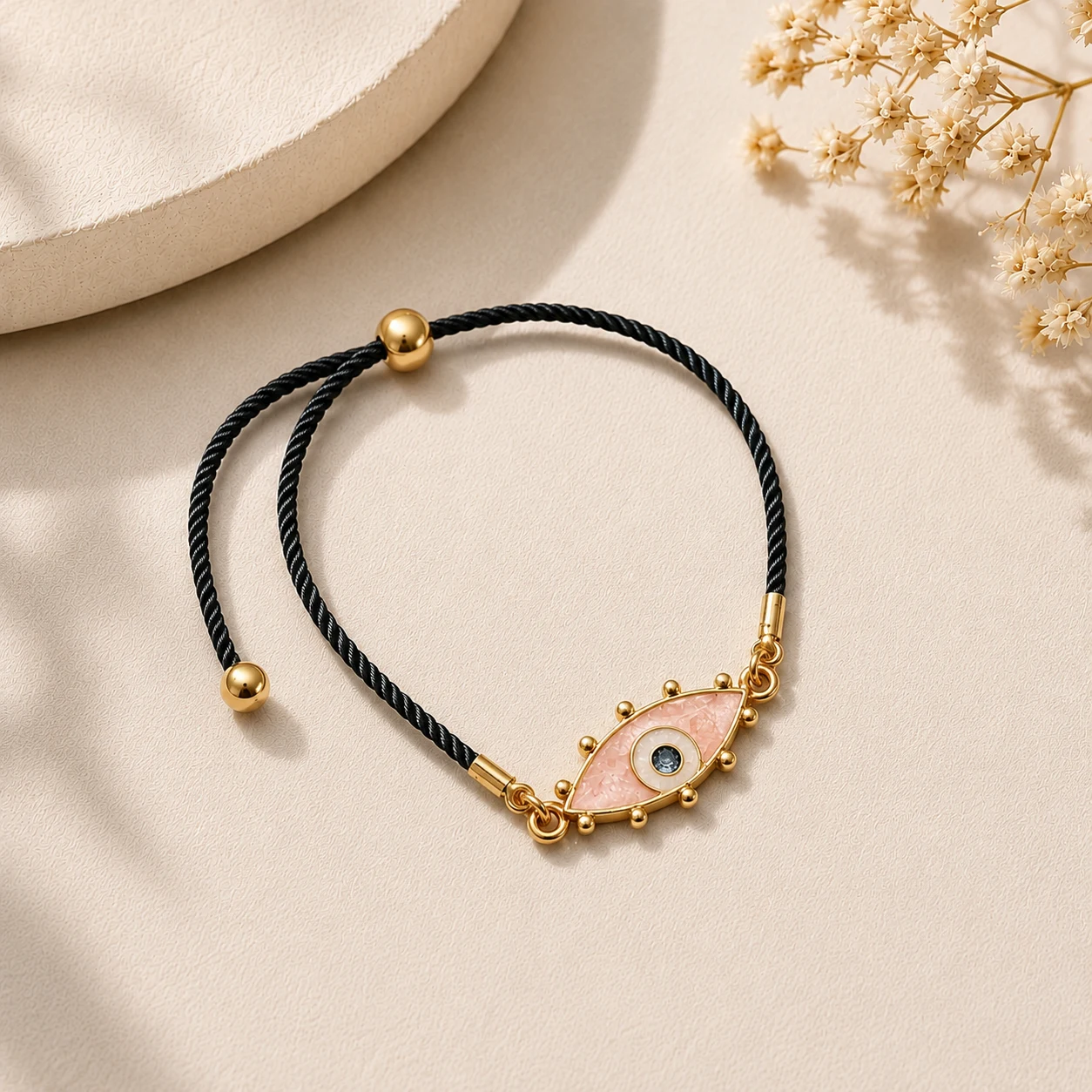 Pembe Nazar Boncuklu Siyah İpli Gold Detaylı Bileklik