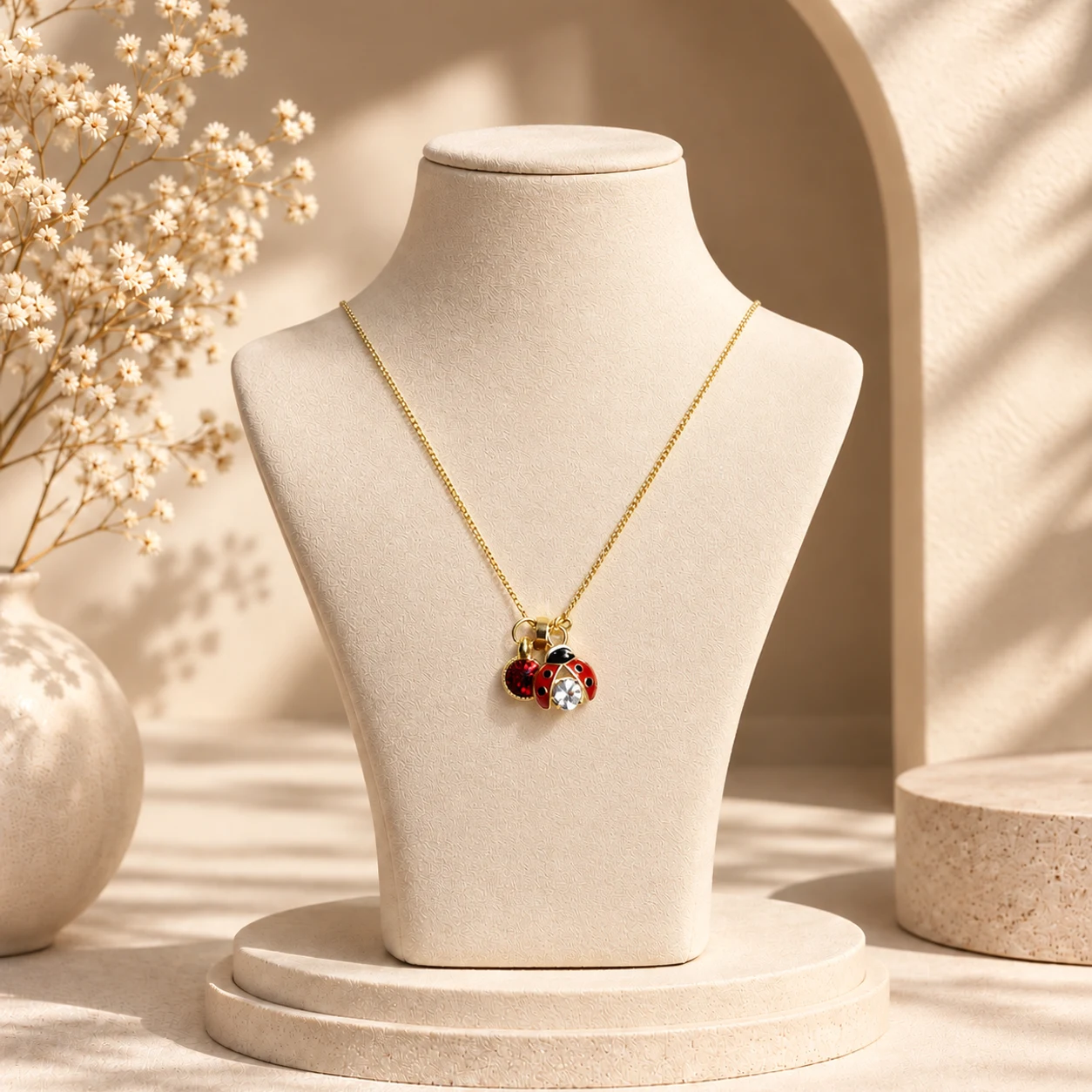 Uğur Böceği Figürlü Taşlı Gold Kolye
